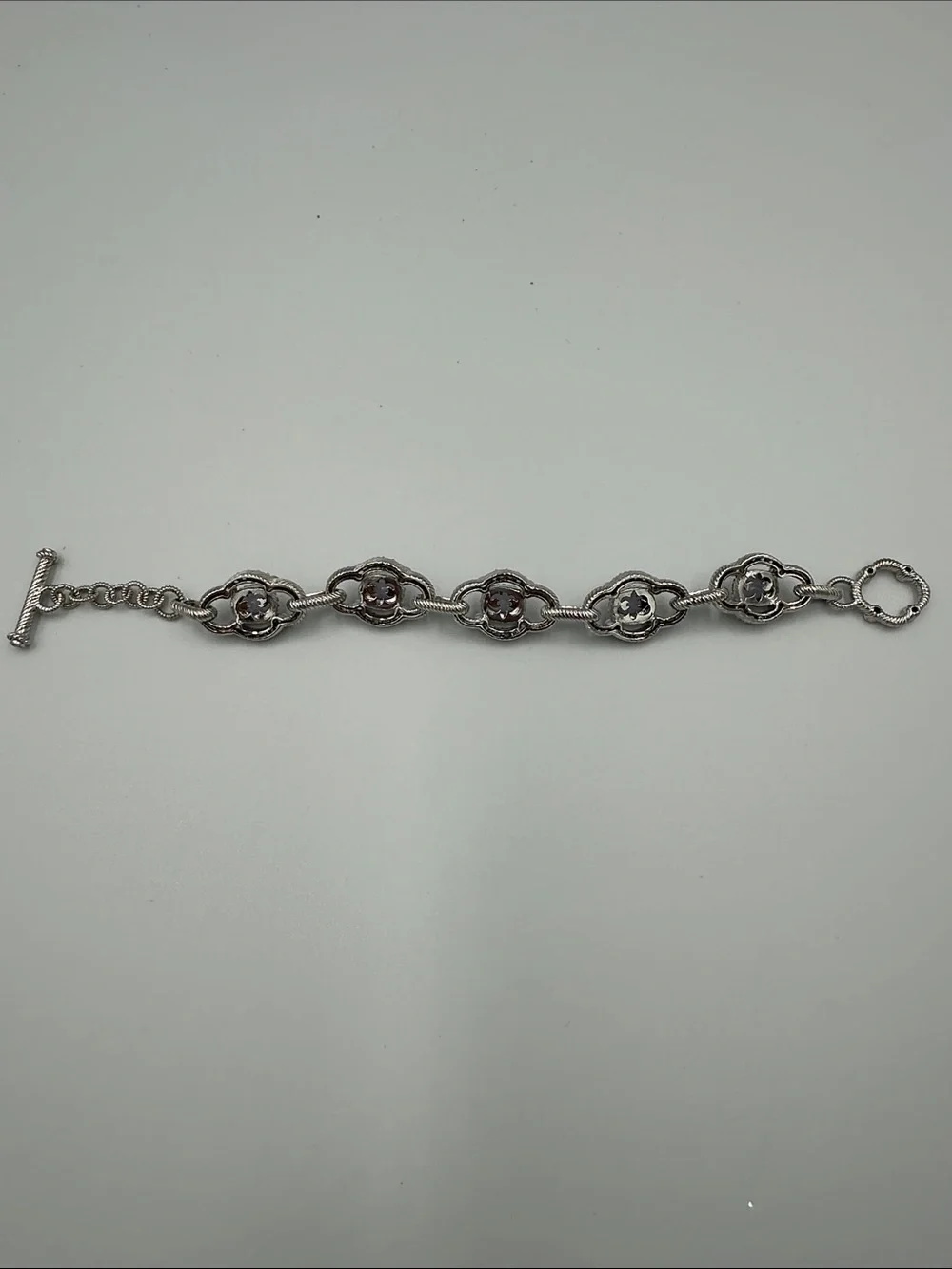 Judith Ripka 925 Sterling Silver Cable Links Toggle Stones CZ Bracelet